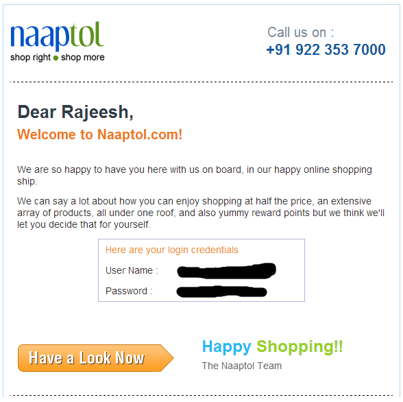 Registration confirmation email from naaptol